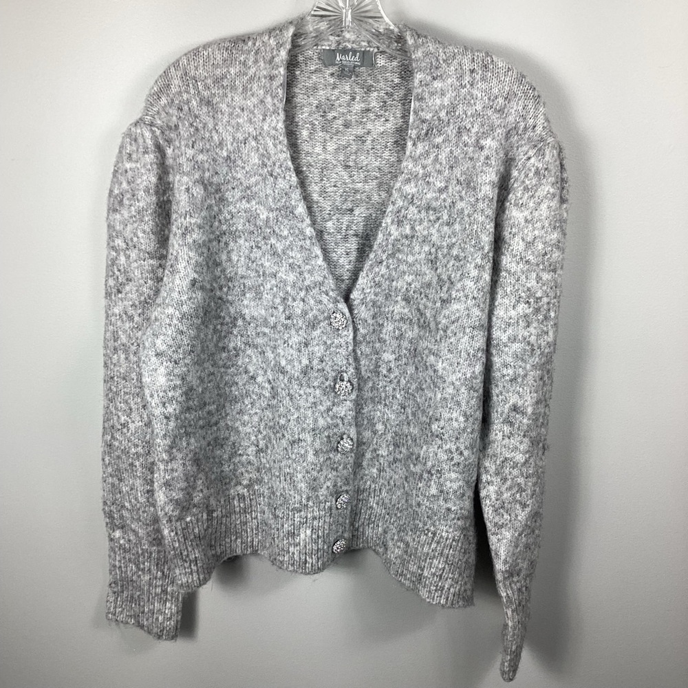 Marled Cardigan Rhinestone Buttons Women’s XL Gray White Silver Puffy Shoulders
